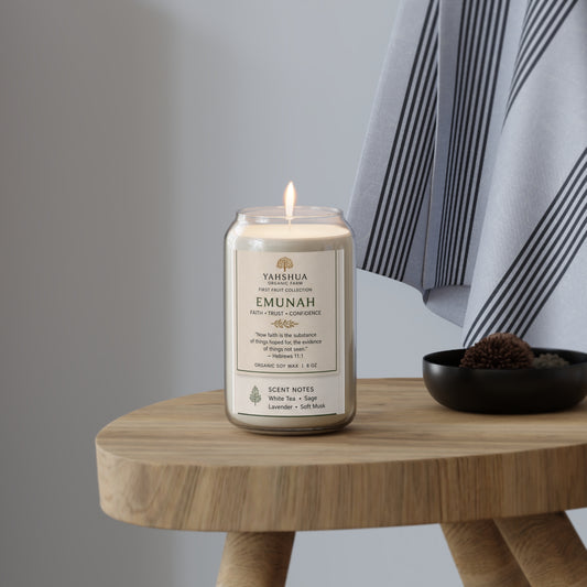 Emunah Scented Soy Candle 13.75oz — White Tea, Sage & Lavender (Faith • Trust • Confidence)